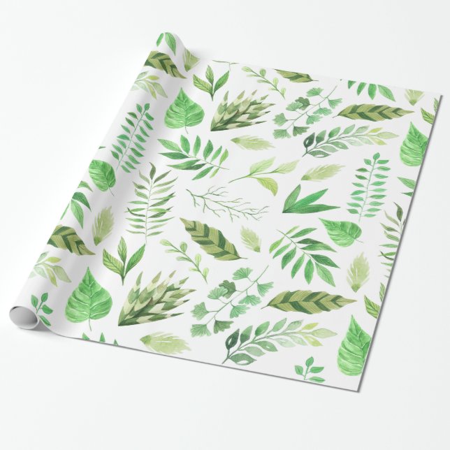 Whimsical Watercolor Green Leaves | Wrapping Paper (Unrolled)