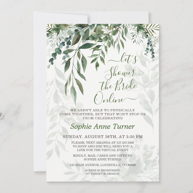 Whimsical Watercolor Greenery Online Bridal Shower Invitation (Front)