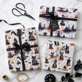 Whimsical Watercolor Halloween Cats Cute Witch Wrapping Paper Sheet