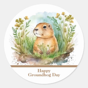 Whimsical Watercolor Happy Groundhog Day  Classic Round Sticker