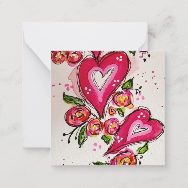 Whimsical Watercolor Heart Flat Note Card (Front)