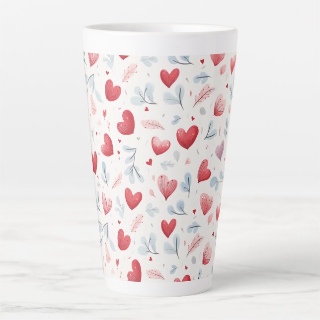 Whimsical Watercolor Hearts and Leaves Pattern Latte Mug (Front)