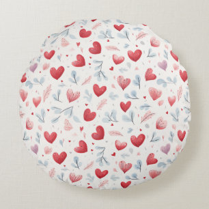 Whimsical Watercolor Hearts and Leaves Pattern Round Cushion