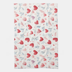 Whimsical Watercolor Hearts and Leaves Pattern Tea Towel