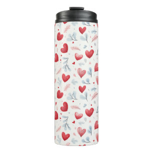 Whimsical Watercolor Hearts and Leaves Pattern Thermal Tumbler