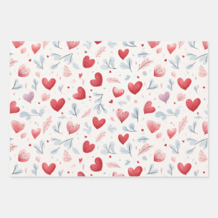 Whimsical Watercolor Hearts and Leaves Pattern Wrapping Paper Sheet