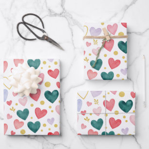 Whimsical Watercolor Hearts & Golden Glitz Wrapping Paper Sheet
