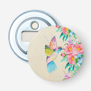 Whimsical watercolor hummingbird and flowers bottle opener