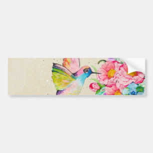 Whimsical watercolor hummingbird and flowers bumper sticker