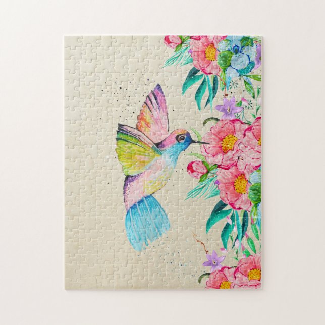 Whimsical watercolor hummingbird and flowers jigsaw puzzle (Vertical)