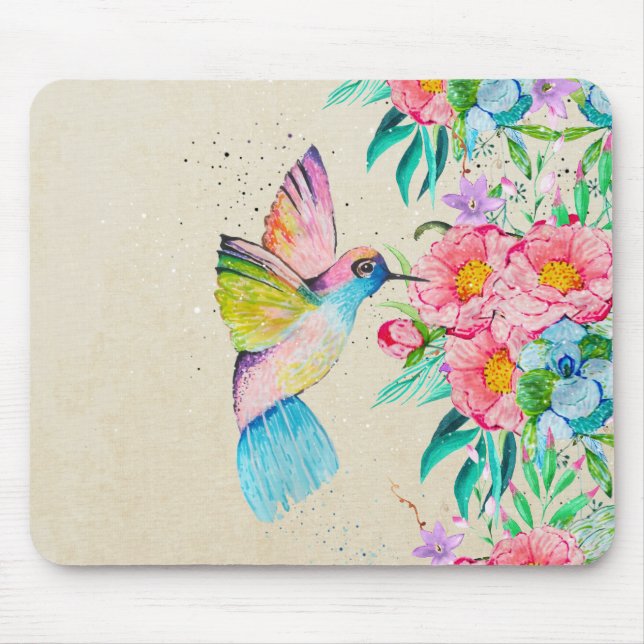 Whimsical watercolor hummingbird and flowers mouse mat (Front)