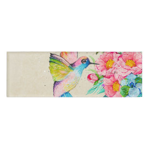 Whimsical watercolor hummingbird and flowers name tag