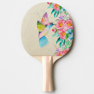 Whimsical watercolor hummingbird and flowers ping pong paddle