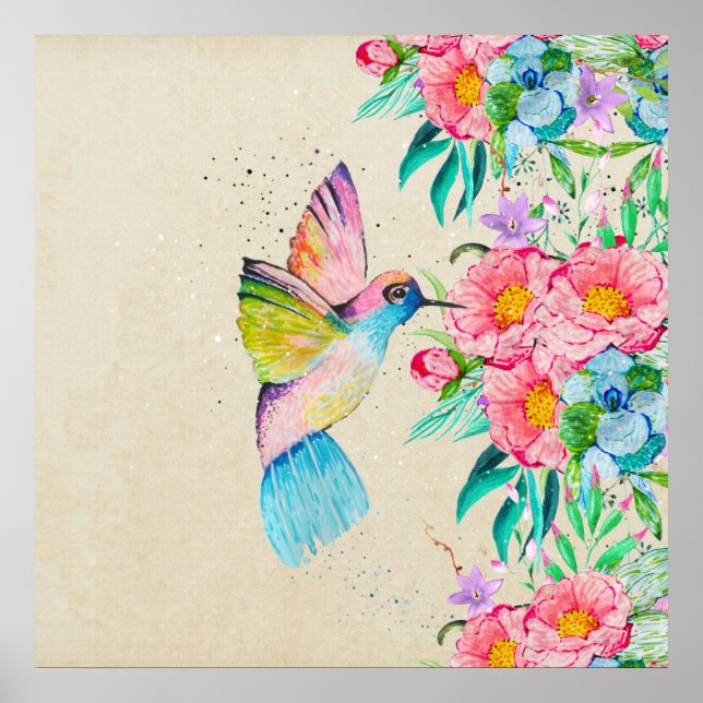 Whimsical watercolor hummingbird and flowers poster (Front)
