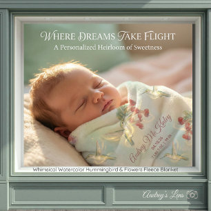 Whimsical Watercolor Hummingbird & Flowers  Fleece Blanket