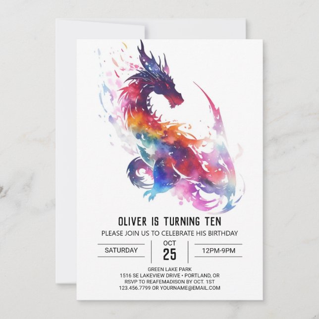 Whimsical Watercolor Kids Dragon Birthday Invitation (Front)