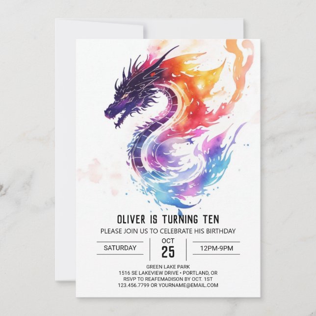 Whimsical Watercolor Kids Dragon Birthday Invitation (Front)