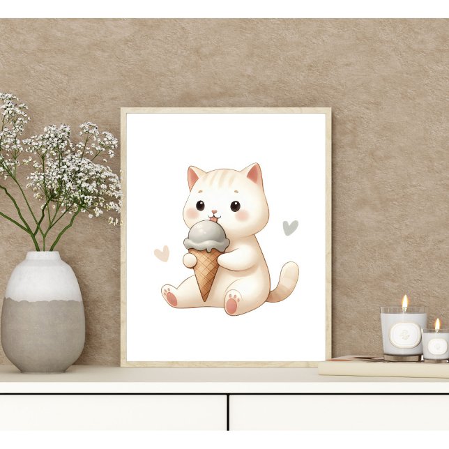 Whimsical Watercolor Kitten with Ice Cream Cone Poster (Creator Uploaded)