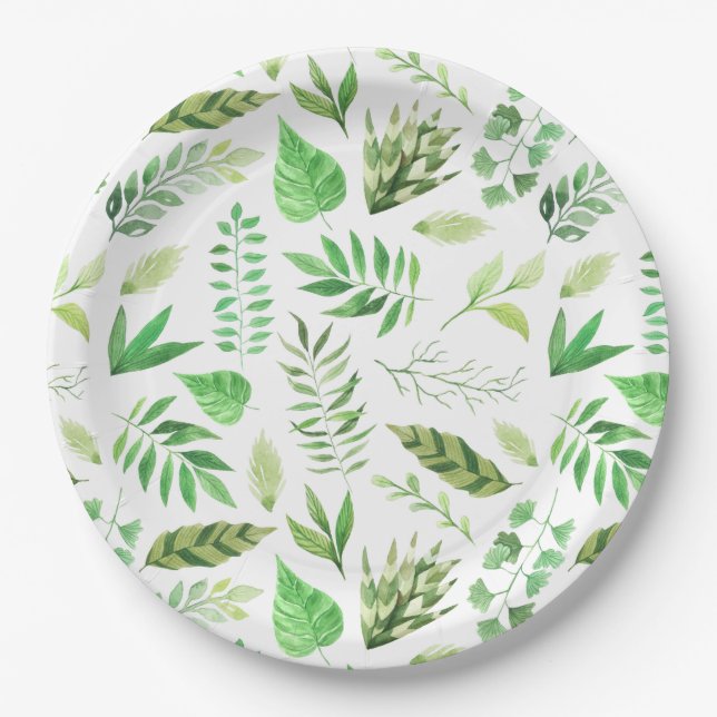 Whimsical Watercolor Leaves Greenery | Paper Plate (Front)
