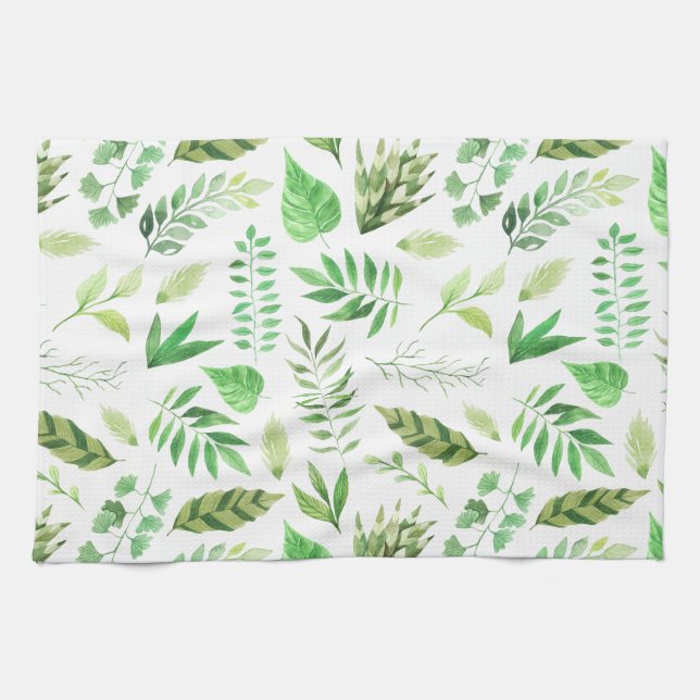 Whimsical Watercolor Leaves Greenery | Tea Towel (Horizontal)