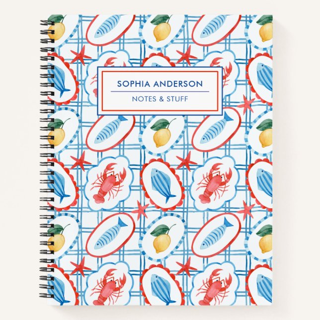 Whimsical Watercolor Lobster & Lemon Custom Spiral Notebook (Front)