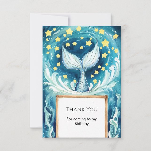 Whimsical Watercolor Mermaid Birthday Thank You Card (Front)