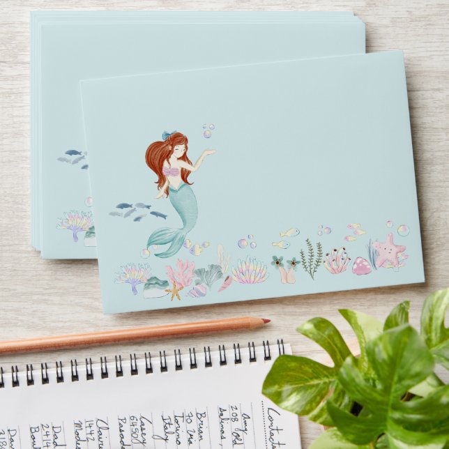 Whimsical Watercolor Mermaid Party Envelope (Stacked)