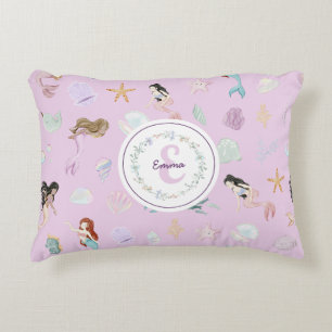 Whimsical Watercolor Mermaids Monogram Decorative Cushion
