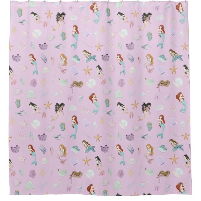 Whimsical Watercolor Mermaids Shower Curtain (Front)