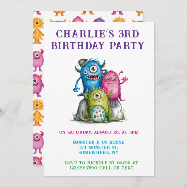 Whimsical Watercolor Monsters Kid's Birthday Party Invitation (Front/Back)