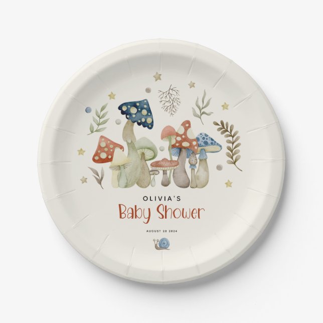 Whimsical Watercolor Mushroom Baby Shower  Paper Plate (Front)