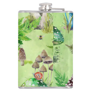 Whimsical Watercolor Mushroom Garden Hip Flask
