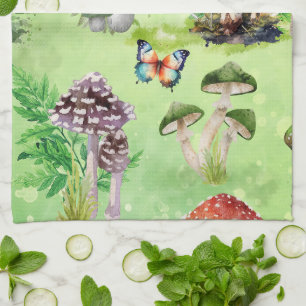 Whimsical Watercolor Mushroom Garden Tea Towel