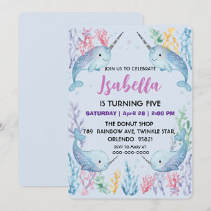 Whimsical Watercolor Narwhal fish  Unicorn of the  Save The Date