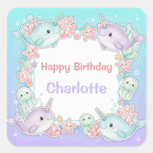 Whimsical Watercolor Narwhal fish  Unicorn of the  Square Sticker