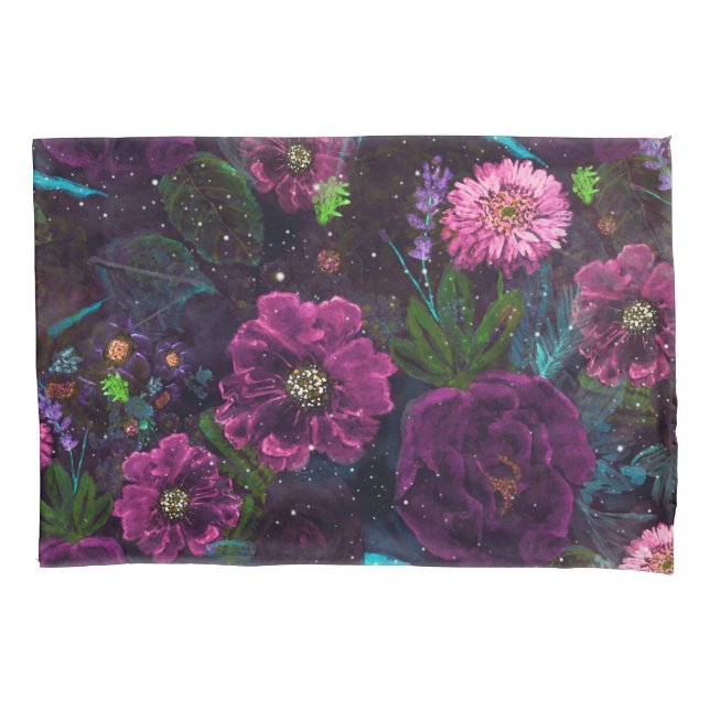 Whimsical Watercolor night garden floral hand pain Pillowcase (Front)