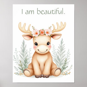 Whimsical Watercolor Nursery Floral Baby Moose  Poster