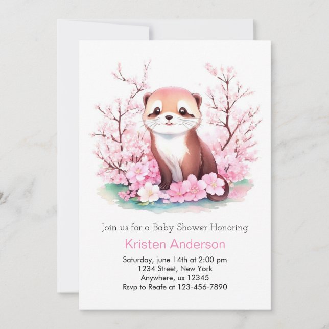 Whimsical Watercolor Otter Girl Baby Shower Invitation (Front)