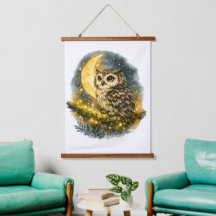 Whimsical Watercolor Owl on Crescent Moon Wall Tap