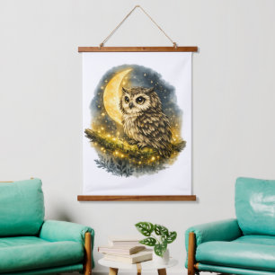 Whimsical Watercolor Owl on Crescent Moon Wall Tap Hanging Tapestry