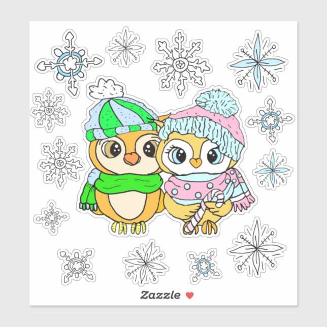 Whimsical Watercolor Owls Couple and Snowflakes (Sheet)