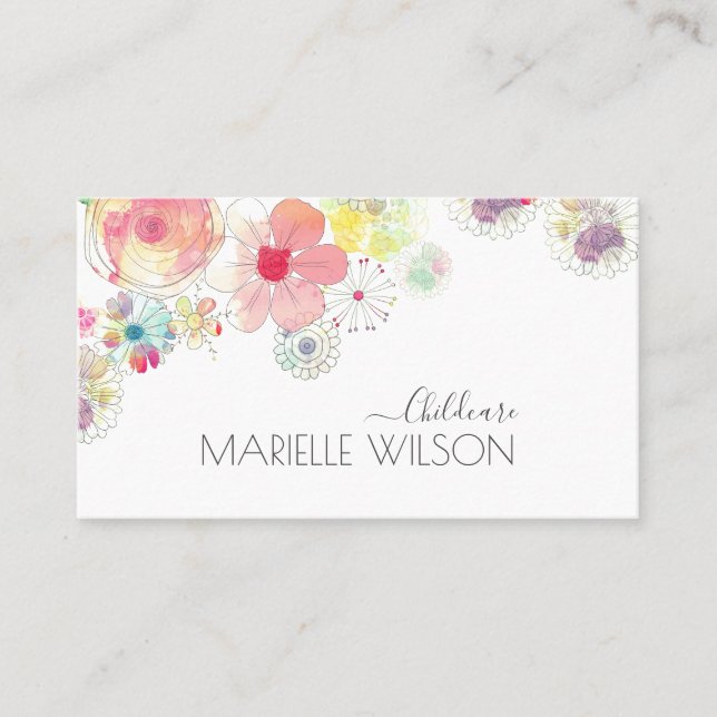 Whimsical Watercolor Painted Childcare  Business Card (Front)