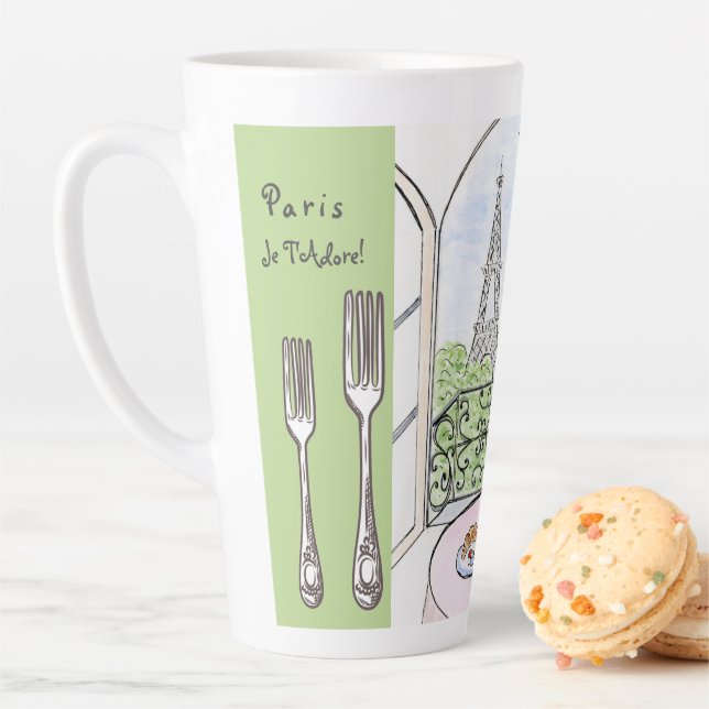 Whimsical Watercolor Paris Eiffel Tower Cutlery Latte Mug (In Situ)