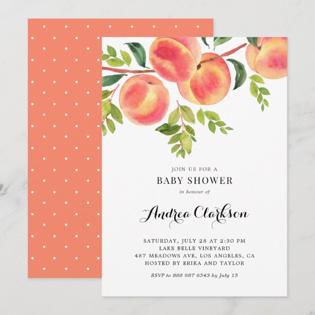 Whimsical Watercolor Peaches Summer Baby Shower Invitation (Front/Back)