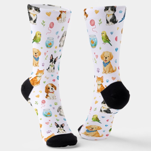 Whimsical Watercolor Pets Pattern Socks  (Angled)
