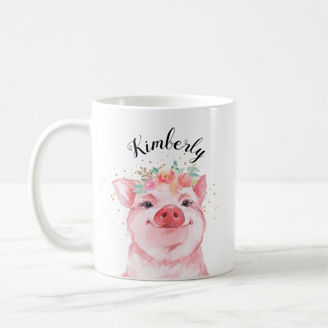 Whimsical Watercolor Pig Coffee Mug (Left)