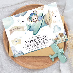 Whimsical Watercolor Pilot Teddy Bear Invitation
