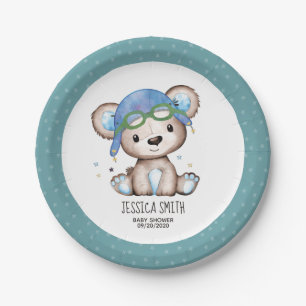 Whimsical Watercolor Pilot Teddy Bear Paper Plate