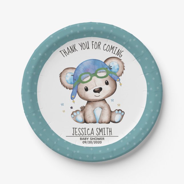Whimsical Watercolor Pilot Teddy Bear Paper Plate (Front)