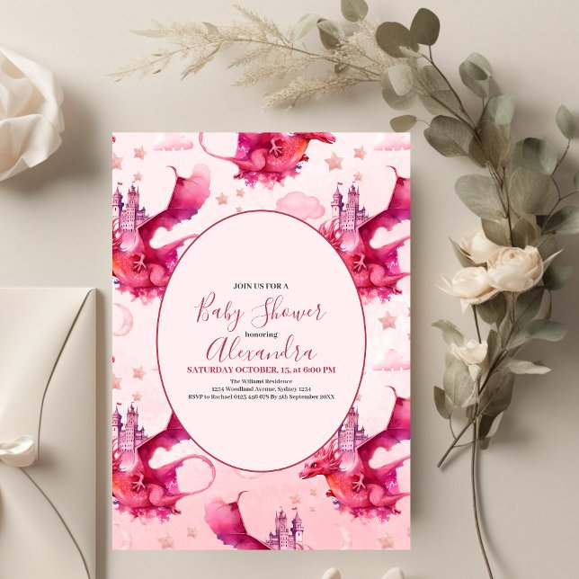 Whimsical Watercolor Pink Dragon Baby Shower  Invitation (Creator Uploaded)